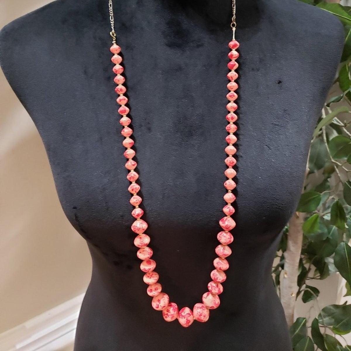 Women's Fashion Natural Ruby Pink Round Beaded Long Necklace with Round Clasp