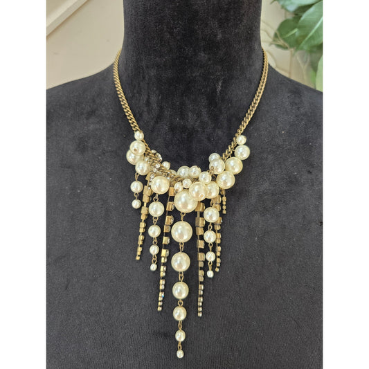 Faux Pearl Gold Tone Cascading Fringe Statement Necklace Elegant Fashion Jewelry