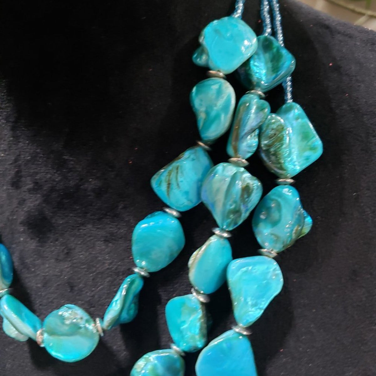 Women Fashion Blue Irregular Turquoise Trible Strand Necklace with Lobster Clasp