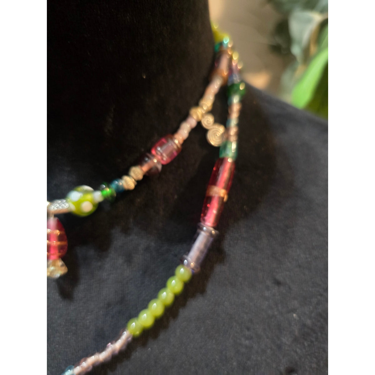 Women Colorful Glass Beaded Necklace Double Strand Green Pendant Handmade Boho