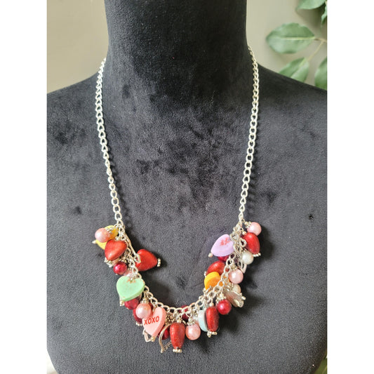 Women's Silver Chain Necklace Heart Charms Lobster Clasp Red Bead Statement