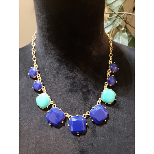 Womens Gold Tone Faceted Aqua Blue and Purple Squared Away Collar Necklace