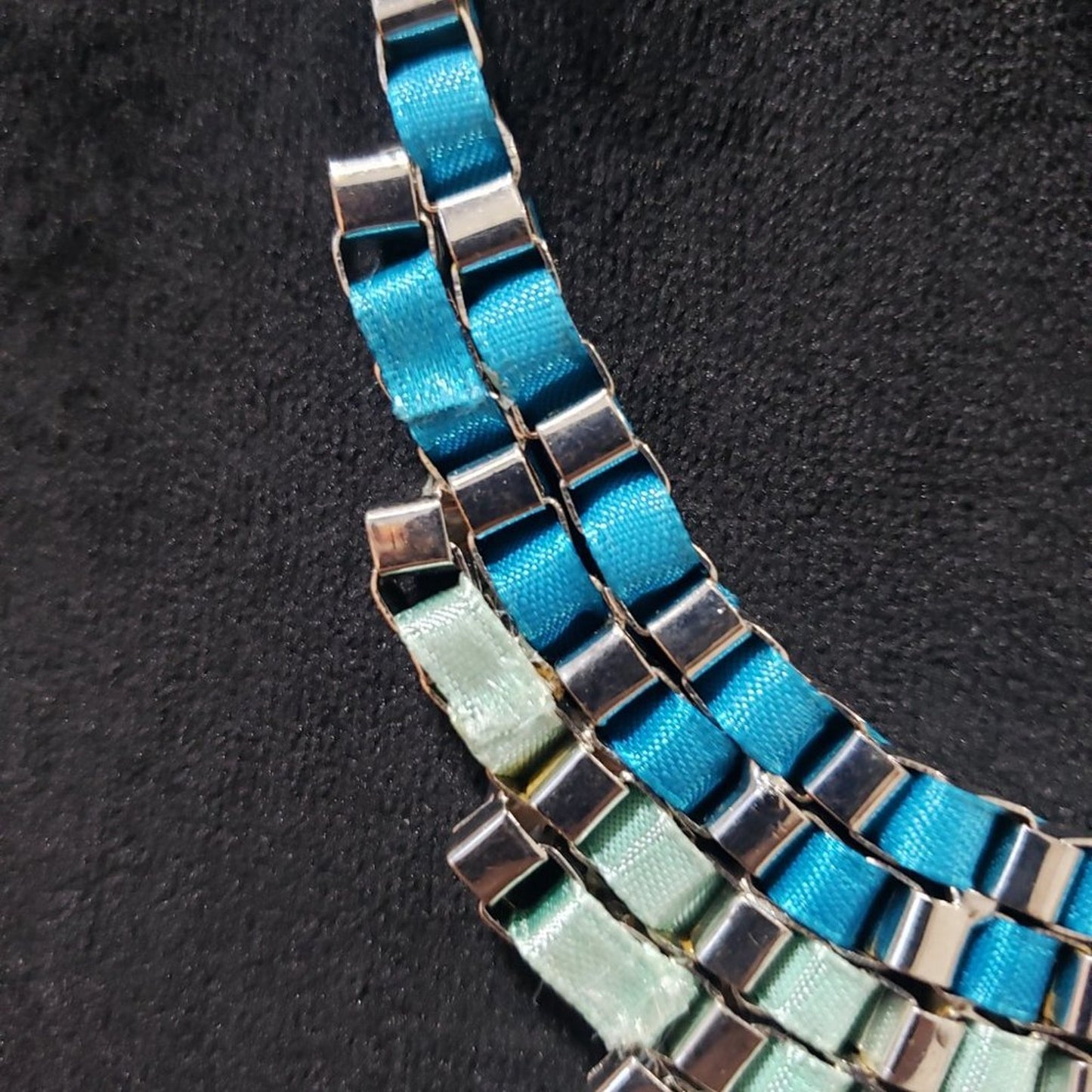 Women Fashion Monique Blue & Green Ribbon Statement Necklace with Lobster Clasp