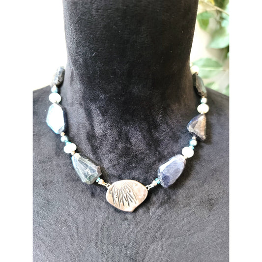 Women's Chunky Labradorite Pearl Necklace Lobster Clasp Sea Shell Pendant