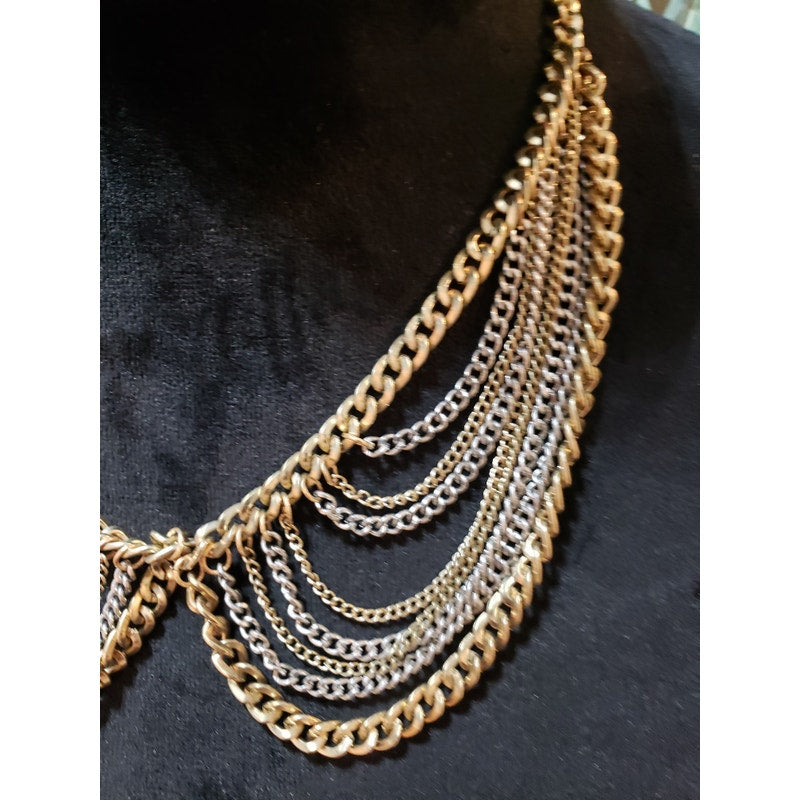 Women Fashion Gold Tone Multi Strand Link Chains Statement Necklace with Lobster