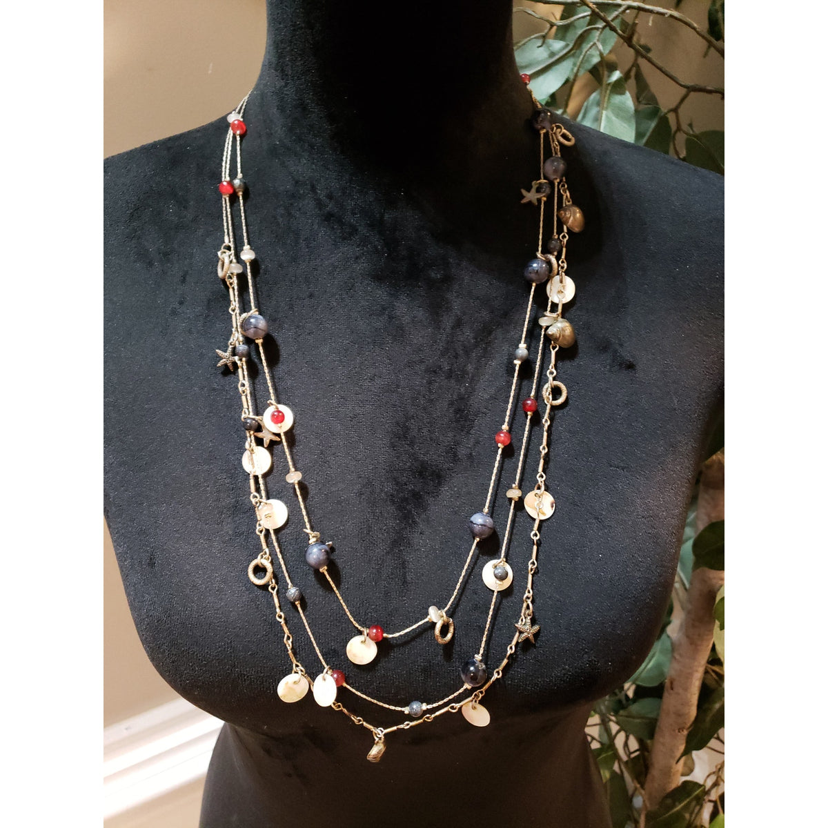 Women Fashion Gold Tone 3 Strand Multi Beads Sea Life Charm Necklace w/ Earrings