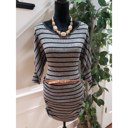 Women's Black & Gray Cotton Belted Long Sleeve Knee Length Dress Size Large