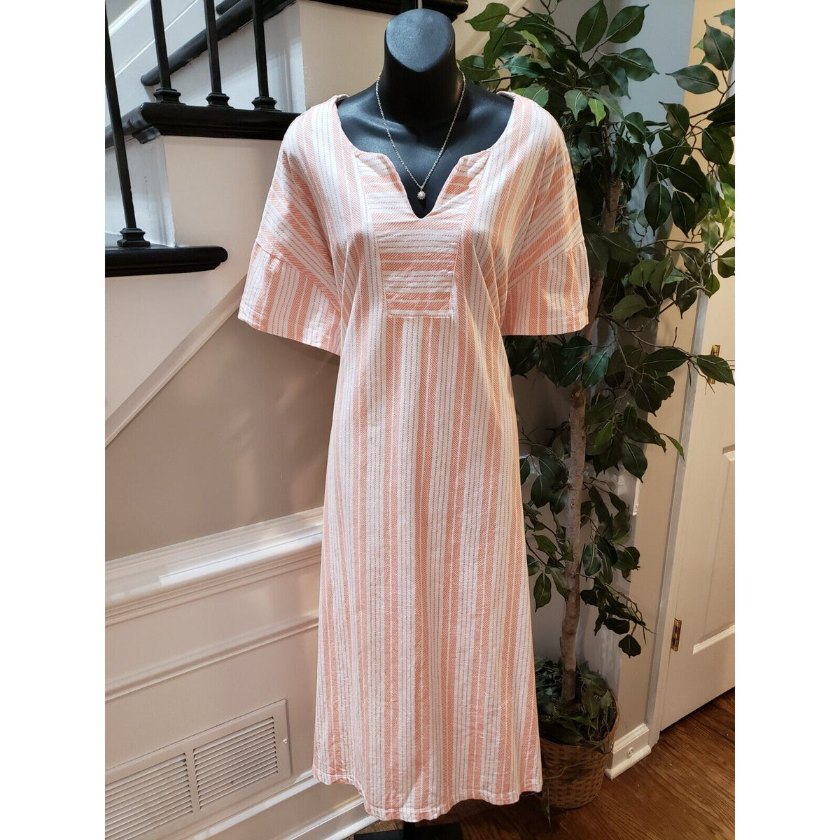Stan Herman Women White Orange Striped Split Neck Long Sleeve Long Maxi Dress 3X