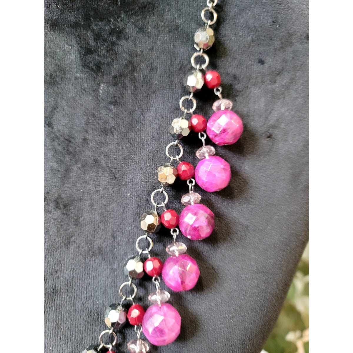 Pink Faceted Bead Statement Necklace Double Strand Gunmetal Chain Bib Jewelry