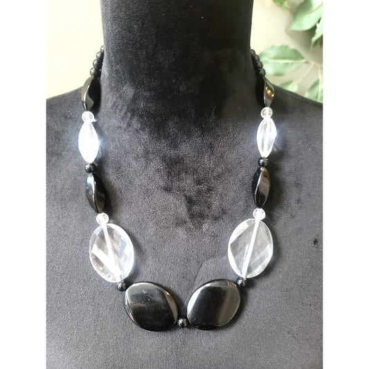 Women's Black Clear Beaded Necklace Chunky Oval Beads Lobster Clasp Jewelry