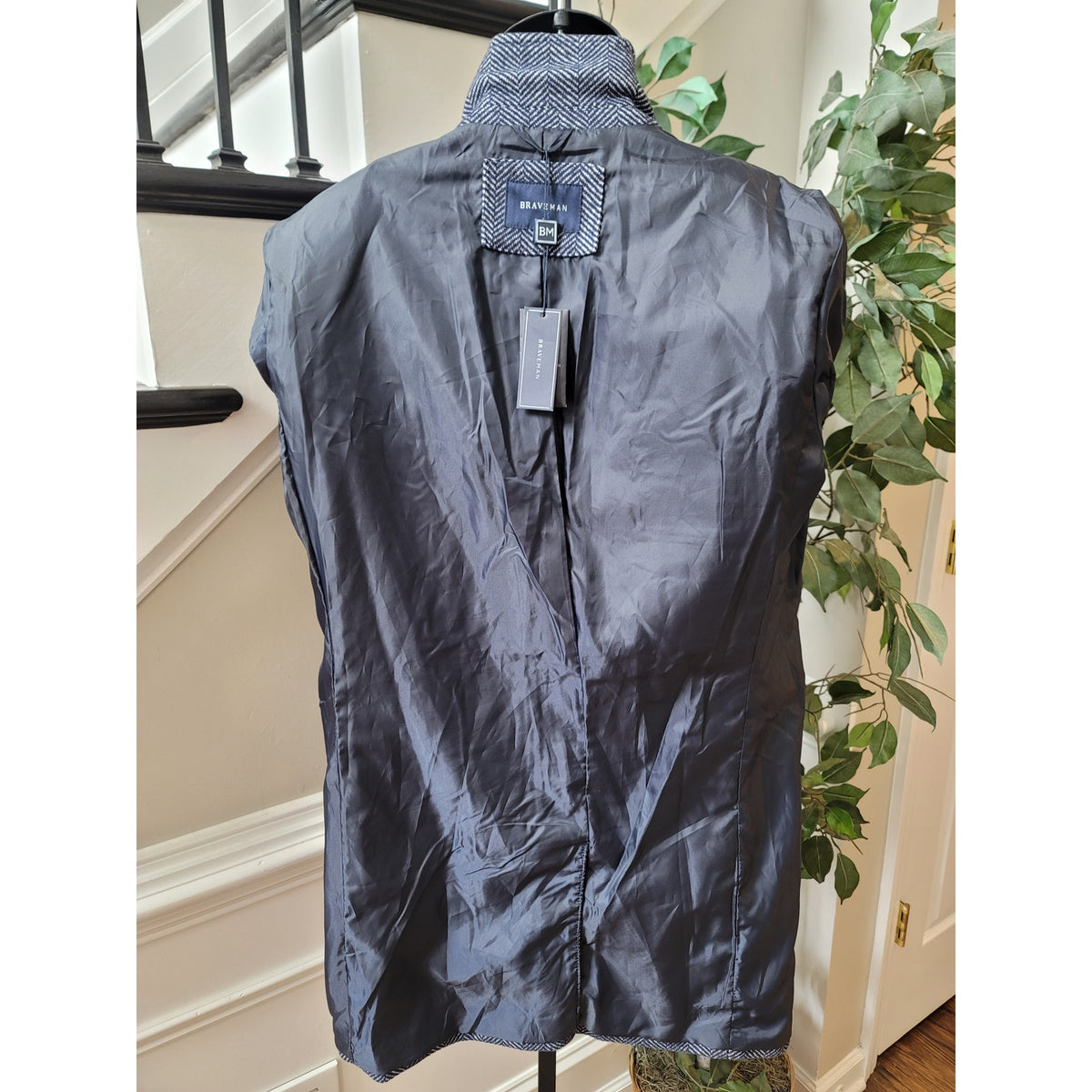 Brave Man Overcoat Men's Medium Navy Polyester Blend Herringbone Two Pockets