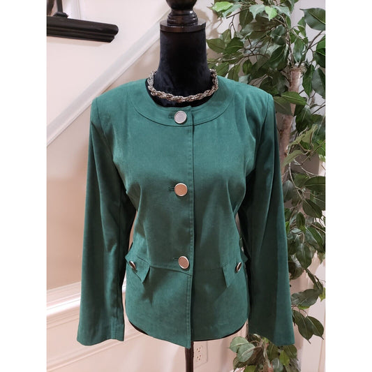 JM Collection Women's Green Solid Polyester Long Sleeve Button Front Jacket 14P