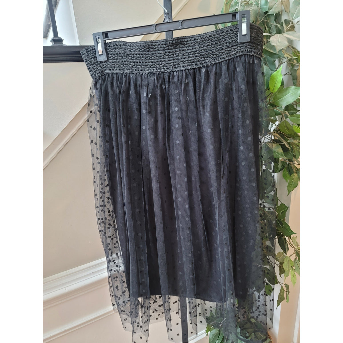 Metro Wear A-Line Skirt Women's Medium Black Polka Dot Tiered Sheer Smocked