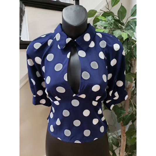Milk & Honey Women's Blue & White Polyester Collared Half Sleeve Top Blouse S