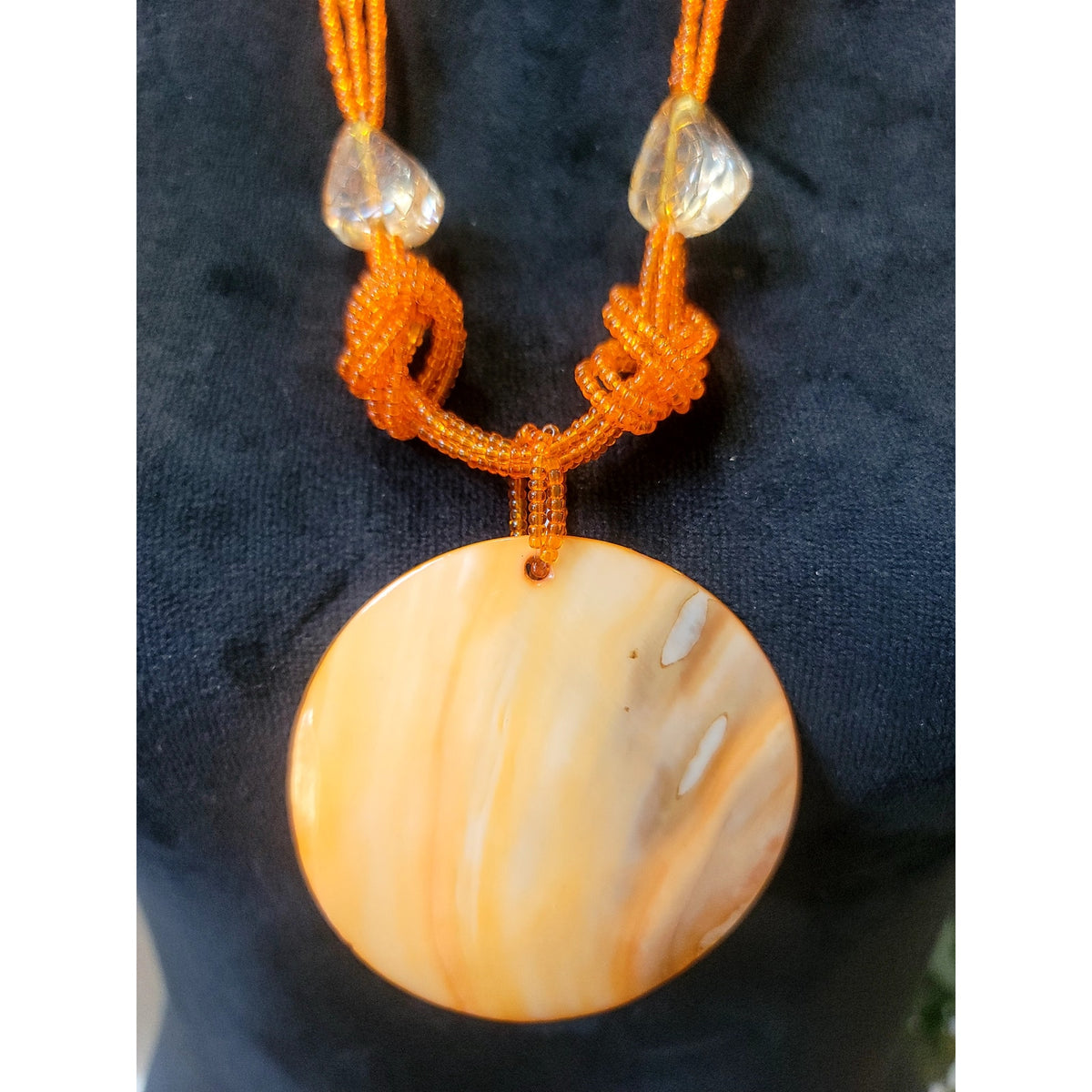 Orange Seed Bead Multi Strand Necklace Large Resin Disc Pendant Boho Statement