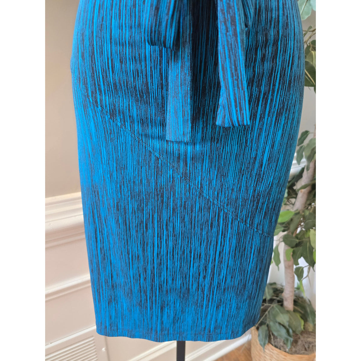 Worthington Stretch Dress Womens Small Blue/Black Space-Dye Waist-Tie One Sleeve