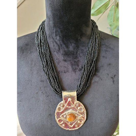 Women's Black Beaded Necklace With Large Round Silver Pendant And Button Lock