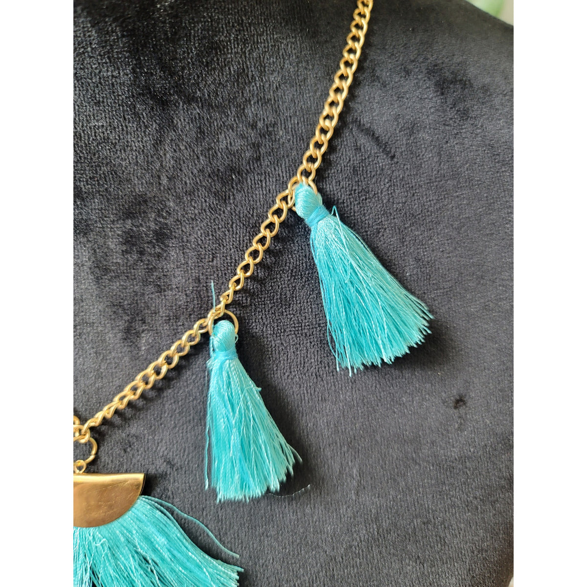 Womens Turquoise Tassel Statement Necklace with Gold Chain and Half-Moon Pendant