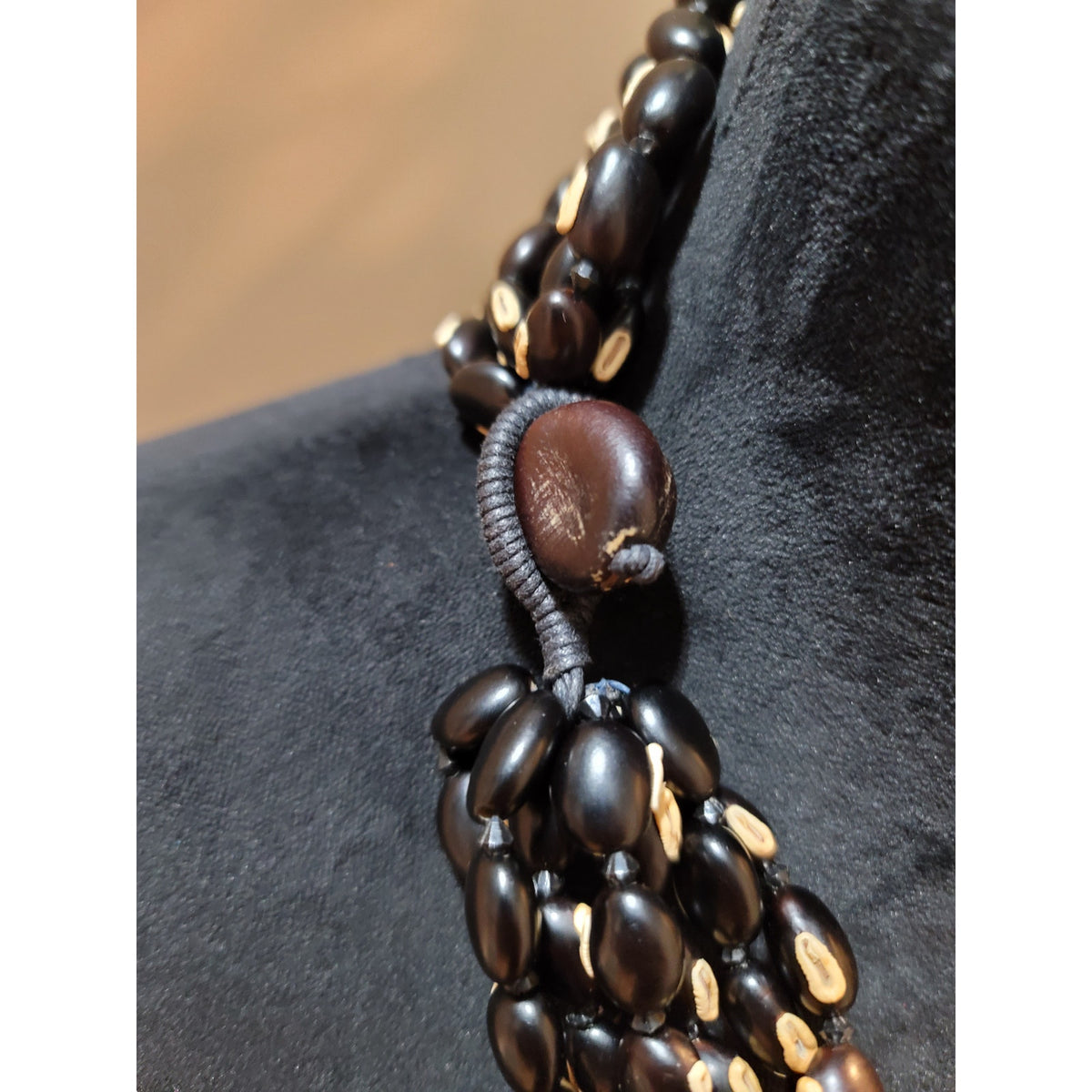 Women's Multi Strand Black Seed Bead Necklace With Loop Button Closure