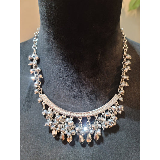 Women’s Silver Crystal Beaded Necklace With Rhinestone Bar Lobster Clasp