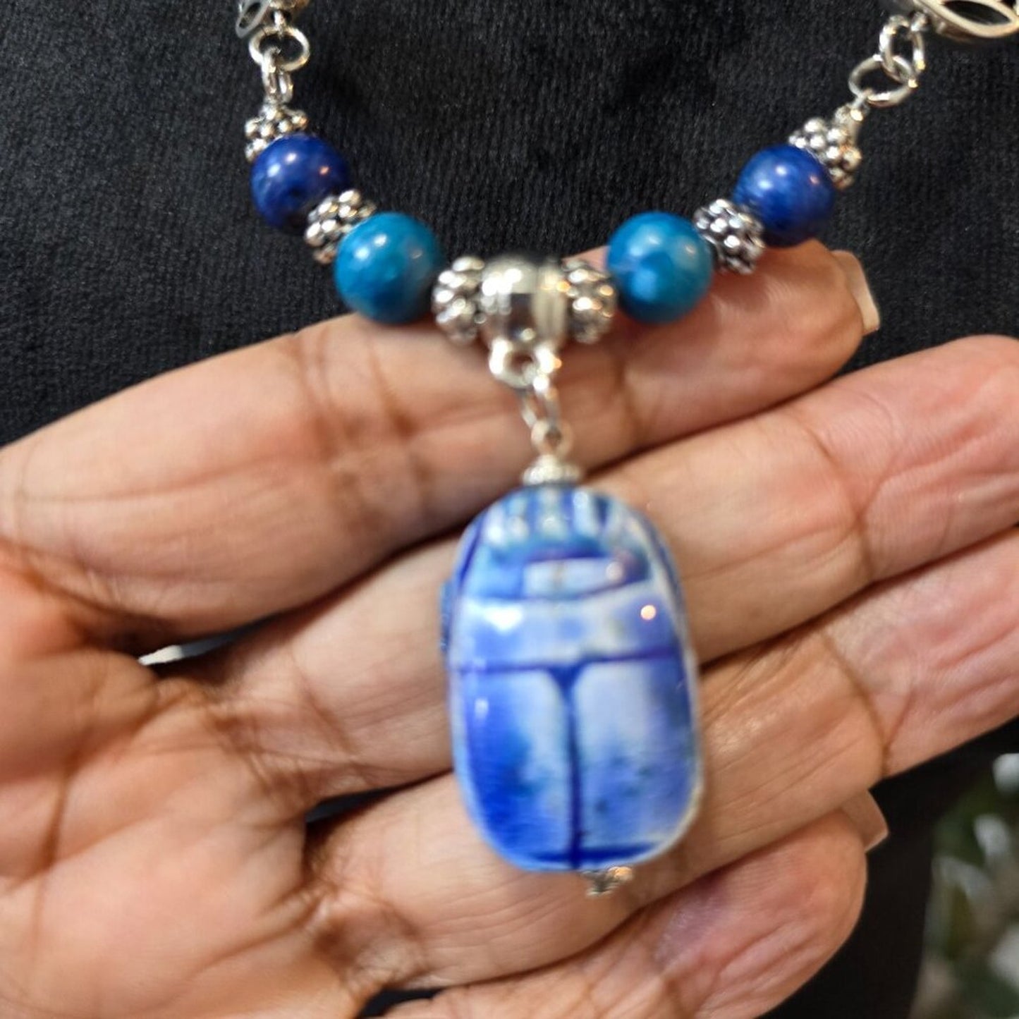 Womens Brillant Blue Firefly Lapis Scarab Beaded Necklace with Lobster Clasp