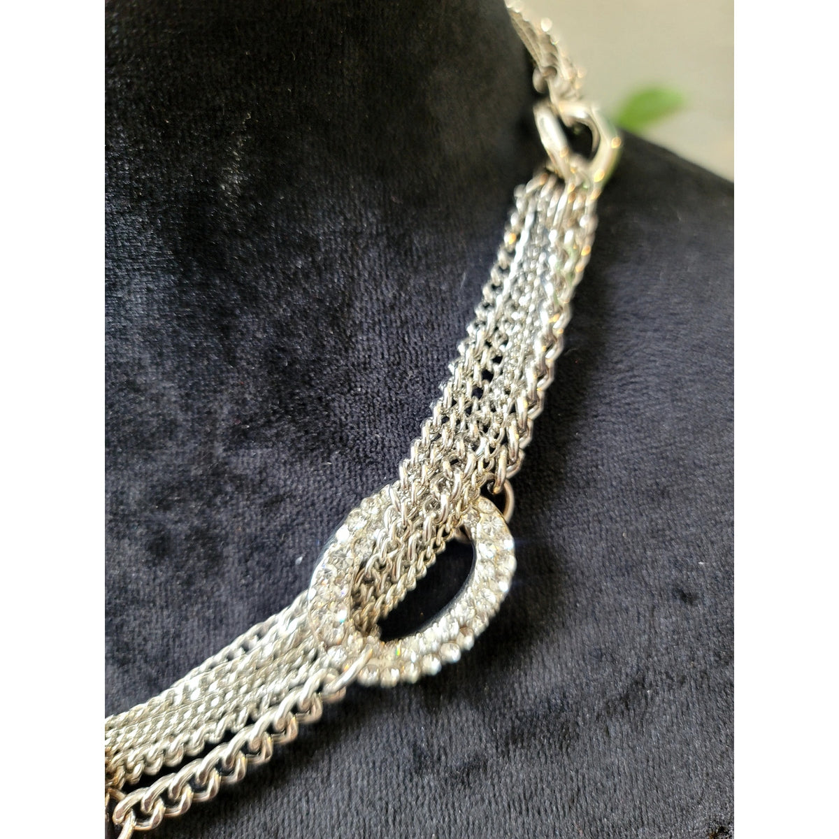 Silver Tone Rhinestone Multi Chain Link Statement Necklace Glam Runway Chic