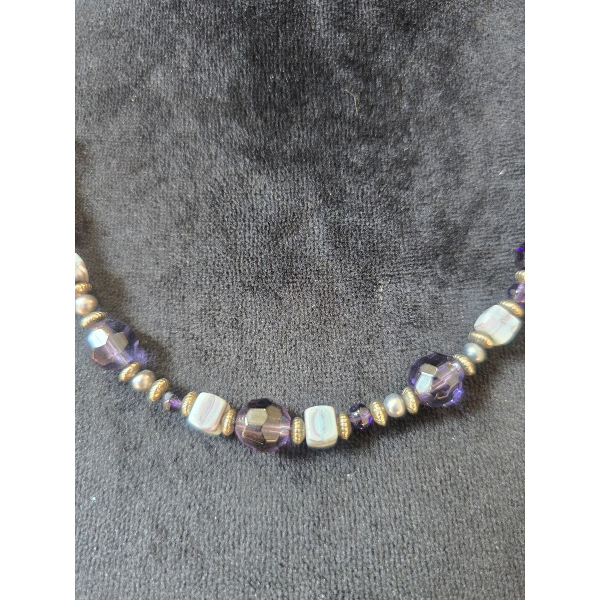 Purple Silver Tone Beaded Necklace Glass Style Beads Boho Fashion Jewelry