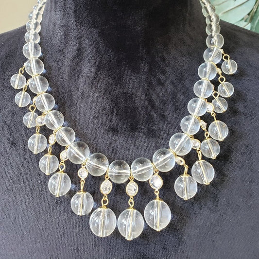 Women's Gold Tone Clear Quartz Beaded Chunky Necklace Jewelry with Lobster Clasp