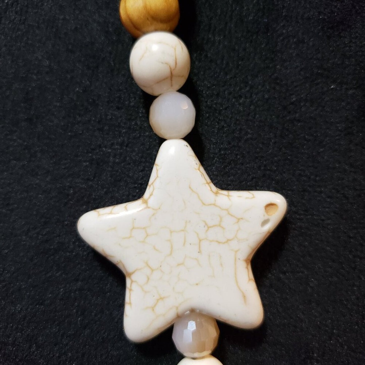 Womens Fashion White Stars Wooden Round Beads Tassel Necklace with Lobster Clasp