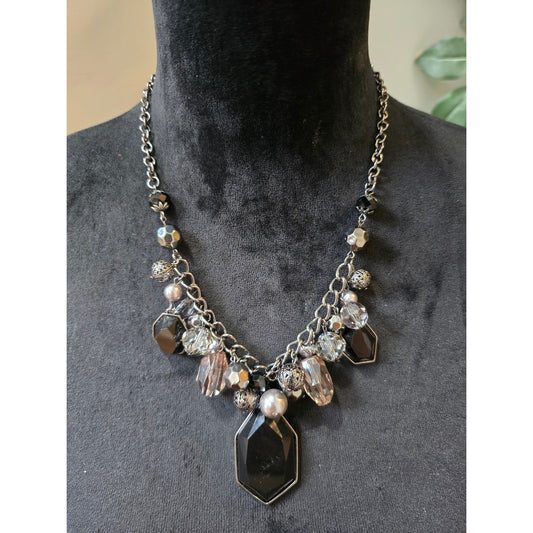Women's Black Crystal Statement Necklace with Matching Faceted Bead Earrings