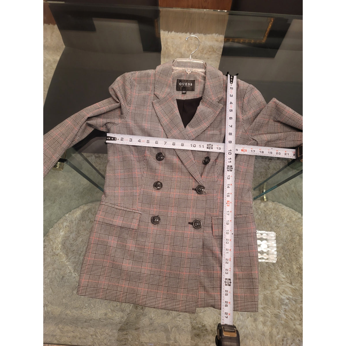 Guess Blazer Women Small Gray/Black Plaid Double Breasted Faux Pocket Lined