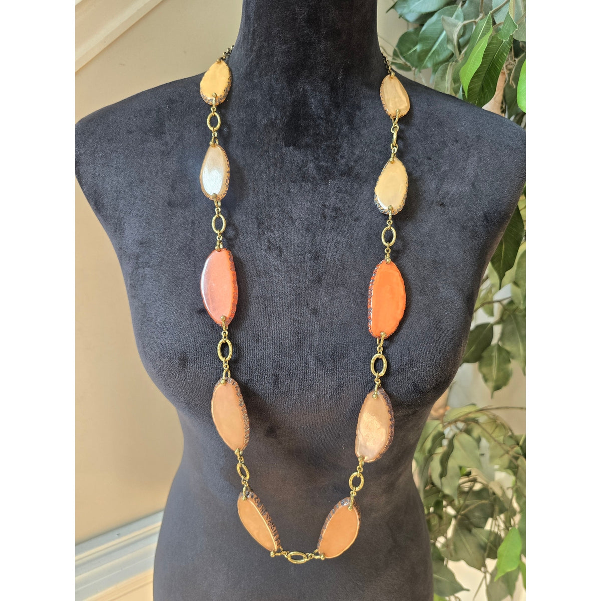 Orange Peach Oval Beaded Long Necklace Gold Tone Boho Station Jewelry