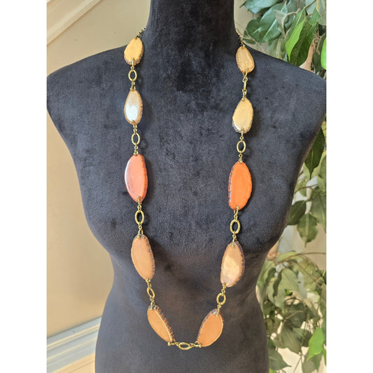 Orange Peach Oval Beaded Long Necklace Gold Tone Boho Station Jewelry