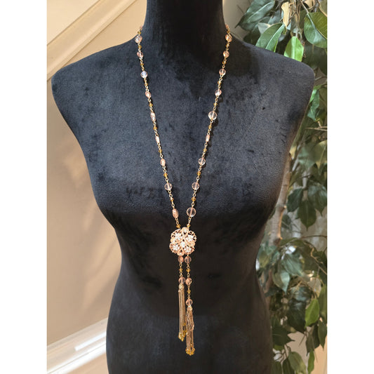 Women's Gold Tone Beaded Necklace Pink Crystal Floral Pendant Tassel Long Chain