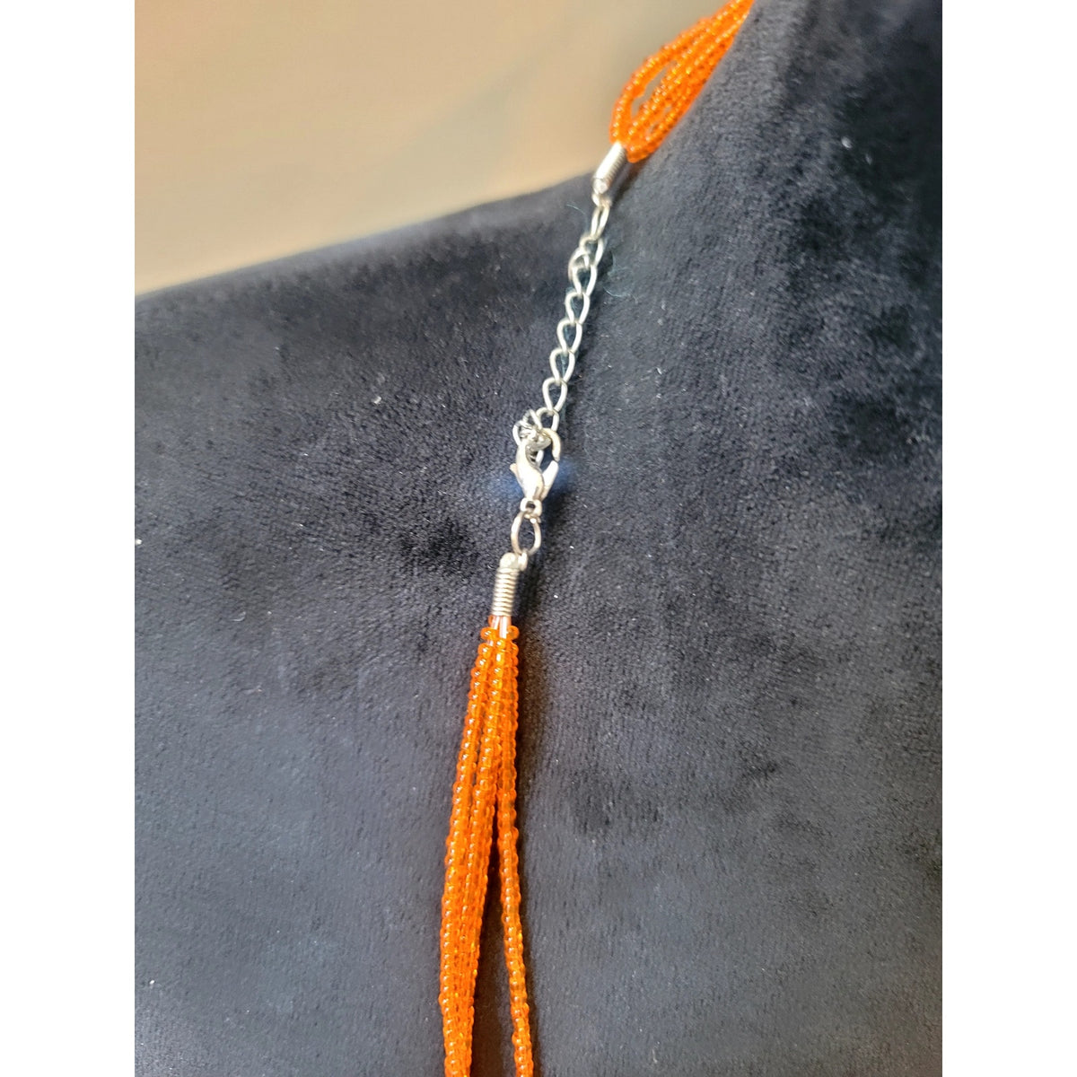Orange Seed Bead Multi Strand Necklace Large Resin Disc Pendant Boho Statement