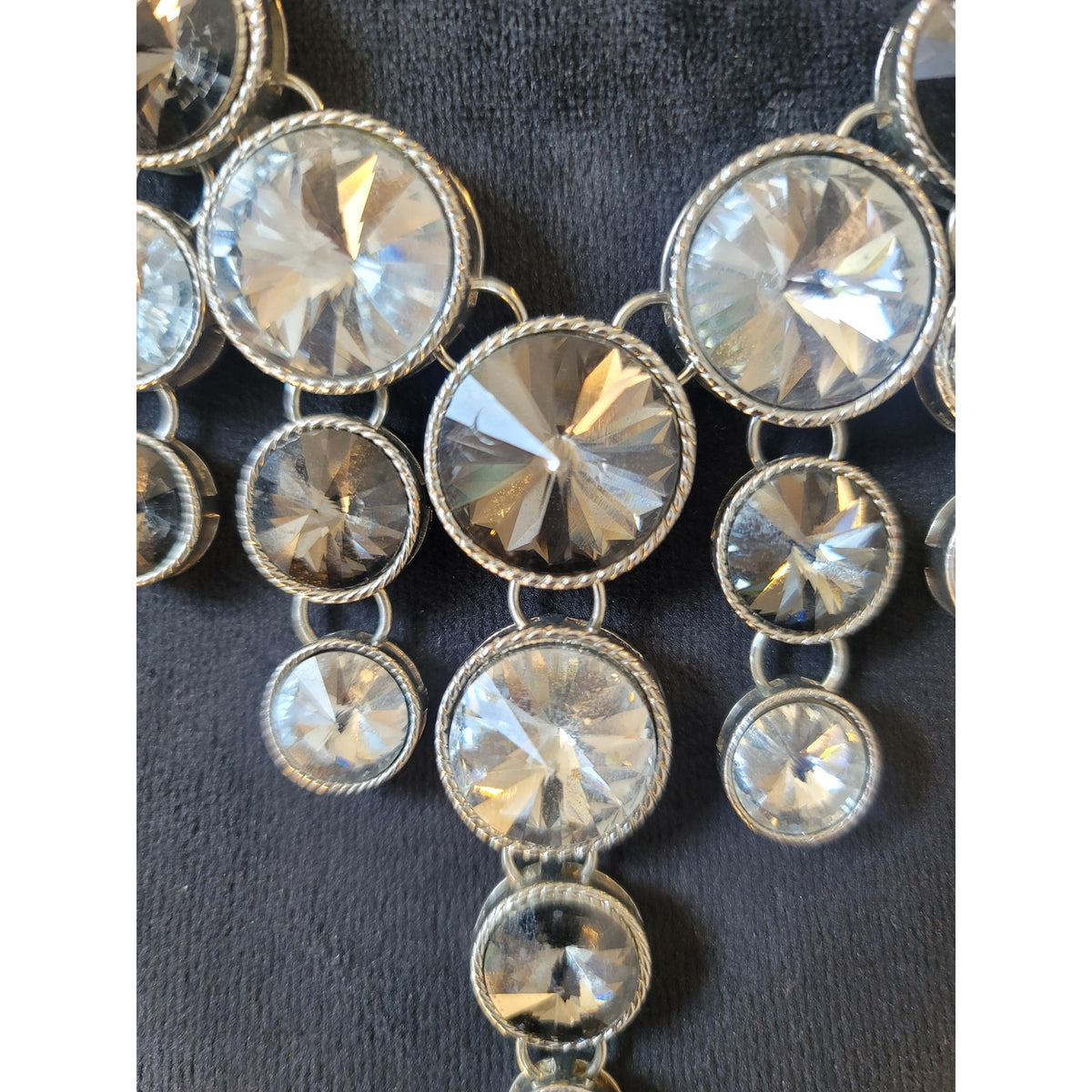 Women's Silver Statement Necklace With Lobster Clasp Layered Disc Crystal Design