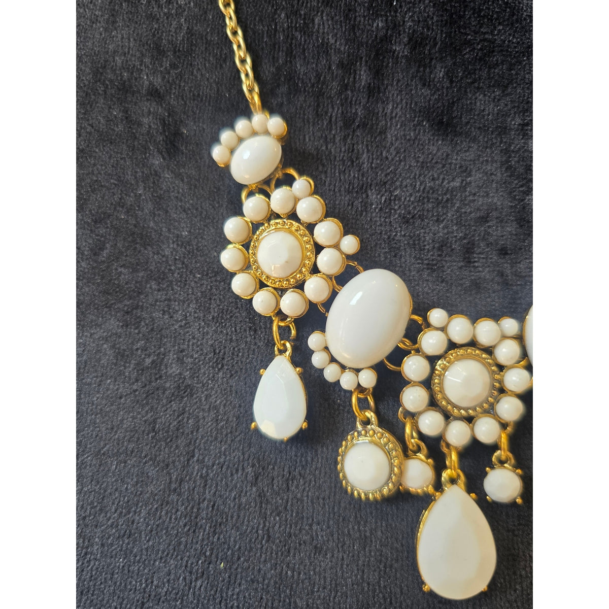 Gold Tone Ivory Pearl Rhinestone Teardrop Bib Statement Necklace