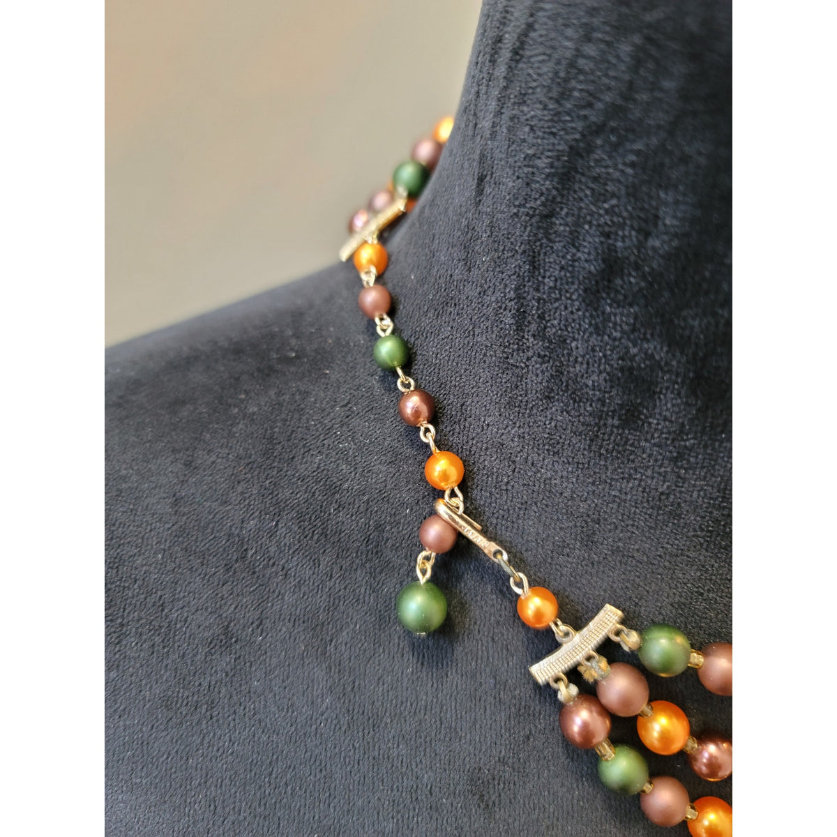 Women's Triple Strand Bead Necklace With Adjustable Hook Clasp Fall Colors