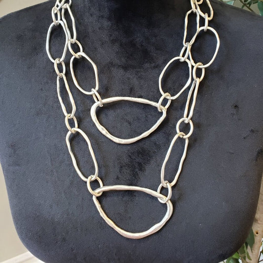 Womens Silver Tone Modernist BUBBLE UP Big Hammered Necklace with Lobster Clasp