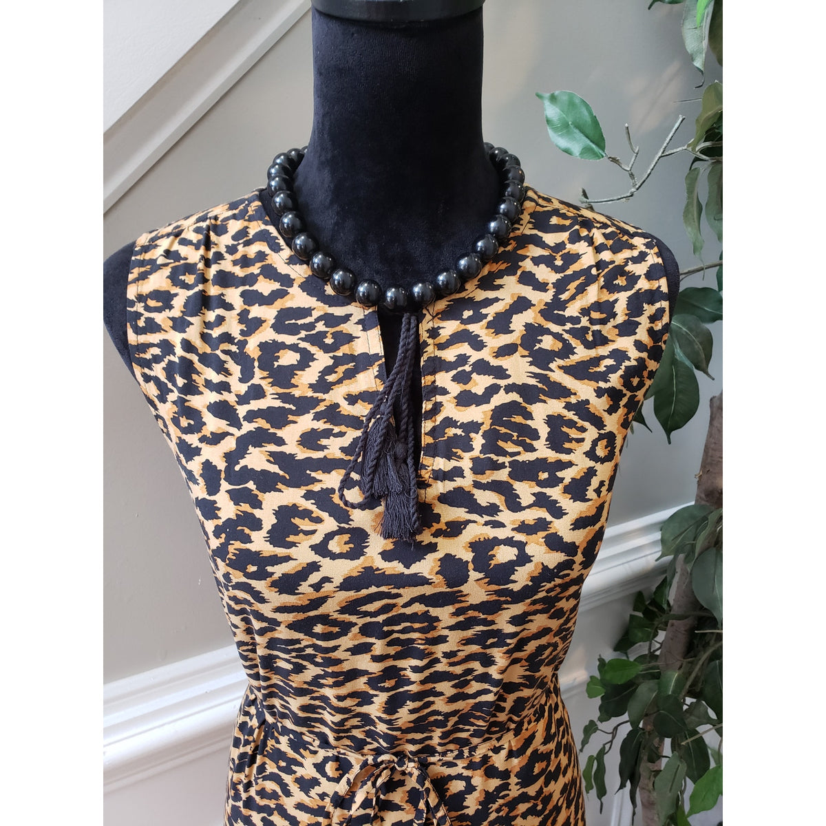Beachlunchlounge Dress Women Medium Brown Black Leopard Print Sleeveless Tie