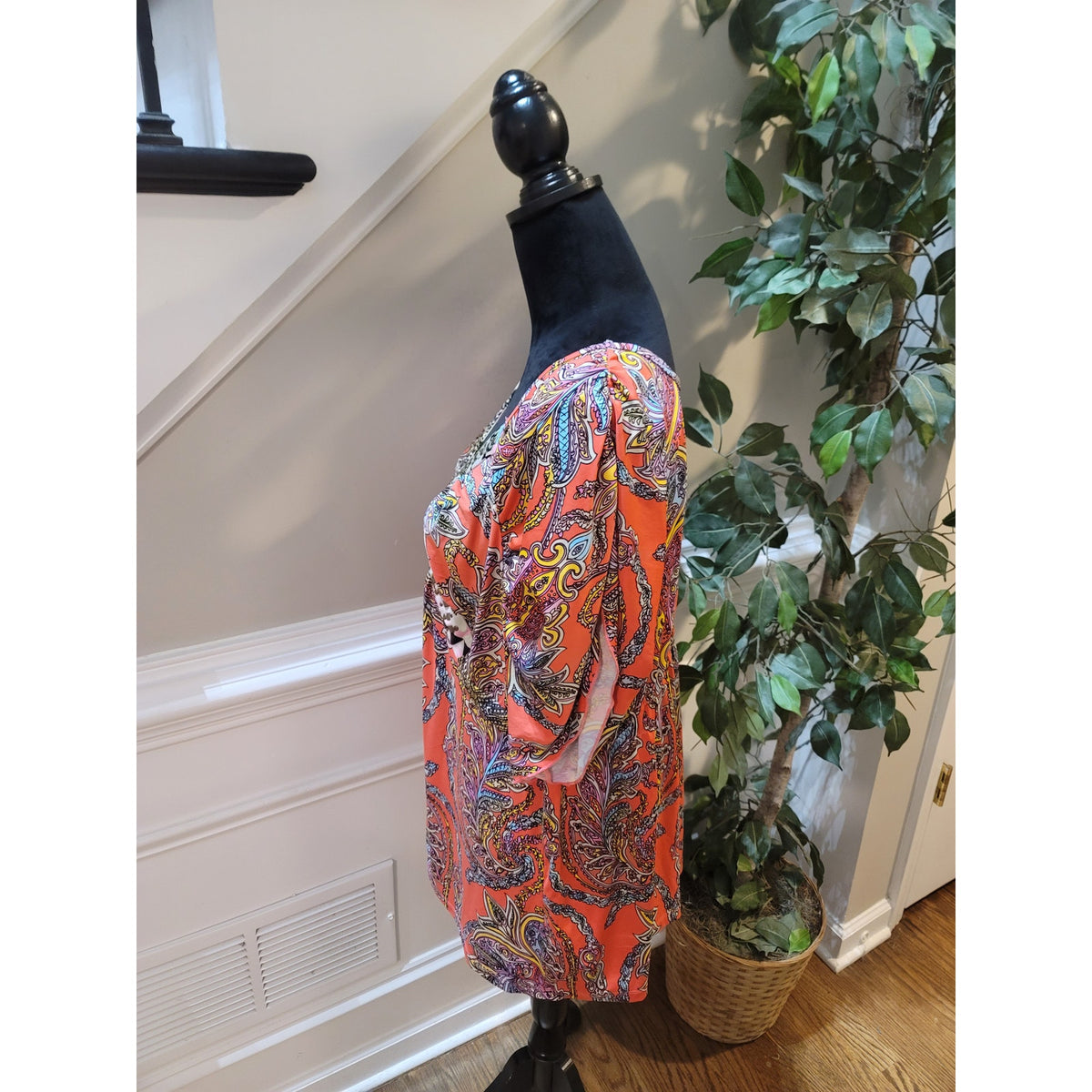 One World Blouse Top Womens SZ 2X Multicolor Paisley Empire Waist Pleated V-Neck