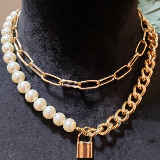Chilly Bird Womens Gold Tone 2 Strand Faux Pearls Paperclip Chain Lock Necklace
