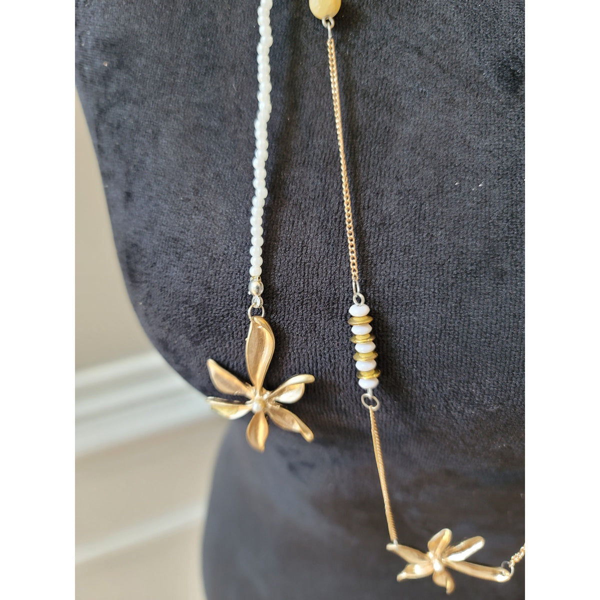 Women's Long Beaded Necklace With Floral Charms And Lobster Clasp Lock