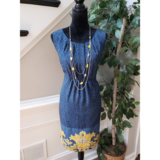 Daisy Fuentes Sheath Dress Womens Large Blue Leopard Print Round Neck Waisted