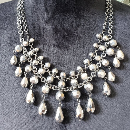Women Silver Tone 2 Strand Gray Glass Bead Tear Drops Necklace w/ Lobster Clasp