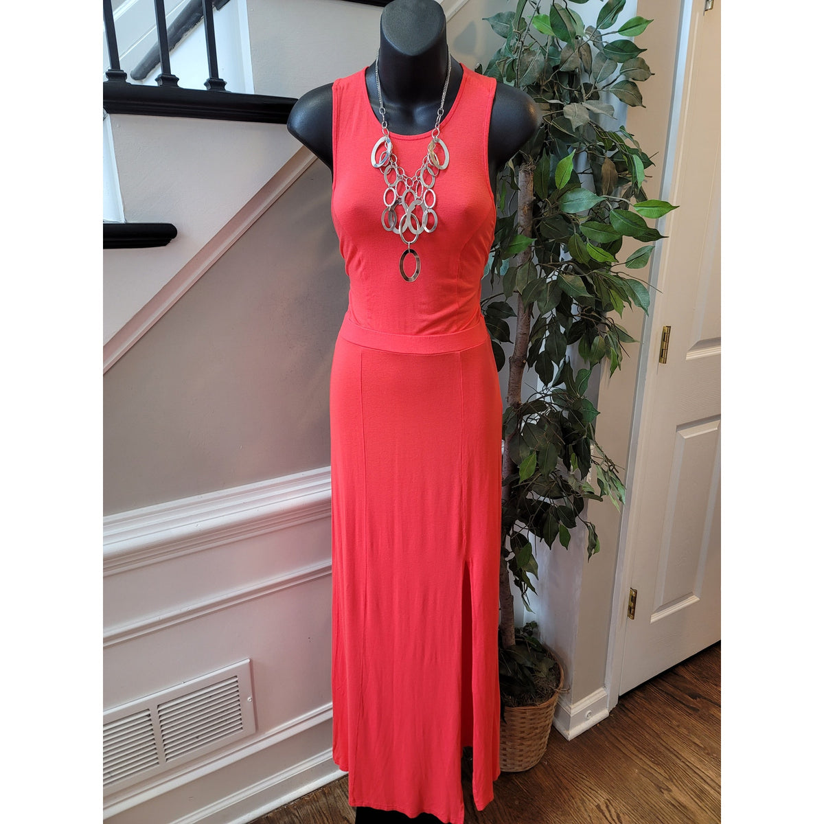 Venus Maxi Dress Women's 4 Orange Stretch Crew Sleeveless Side Slit Party