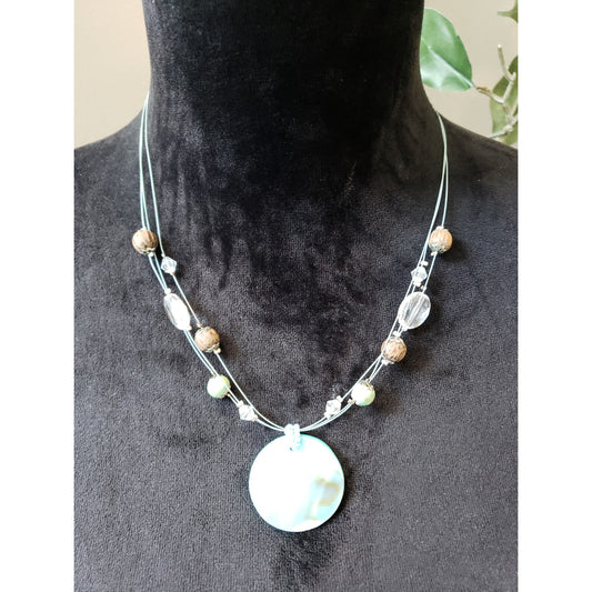 Women's Blue Shell Pendant Necklace Mixed Beads Lobster Clasp Beachy Boho
