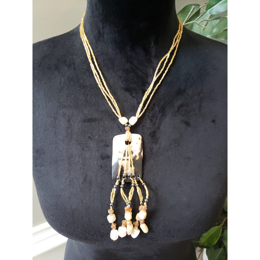 Women Vintage Yellow Beaded Necklace with Mother of Pearl Pendant and Tassel