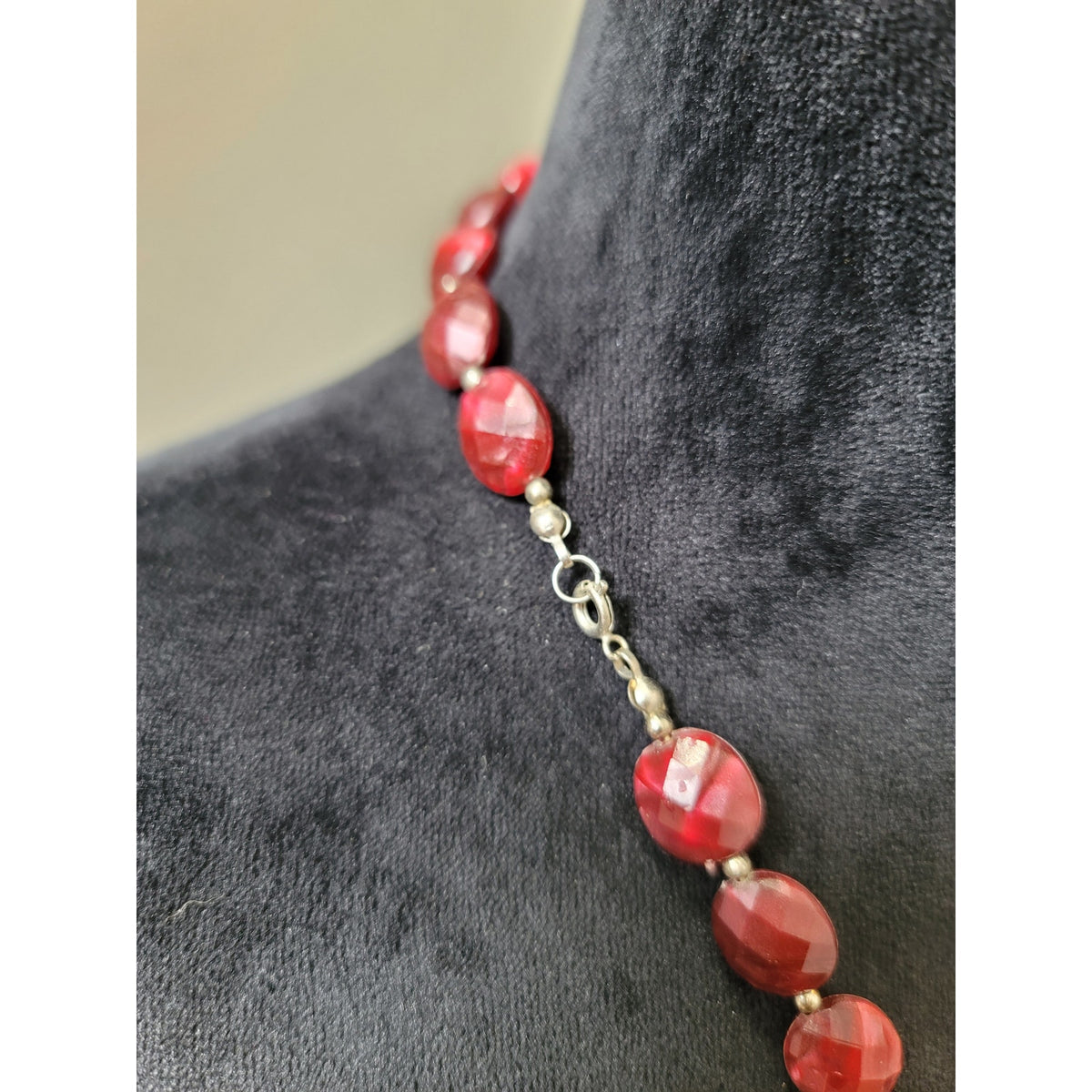 Women's Red Faceted Bead Necklace with Silver Spacers and Lobster Lock