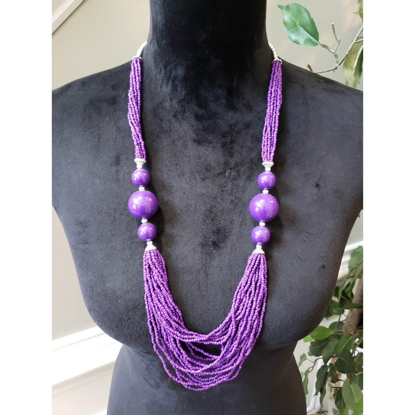 Women's Purple Beaded Necklace Multi Strand Statement Lobster Clasp